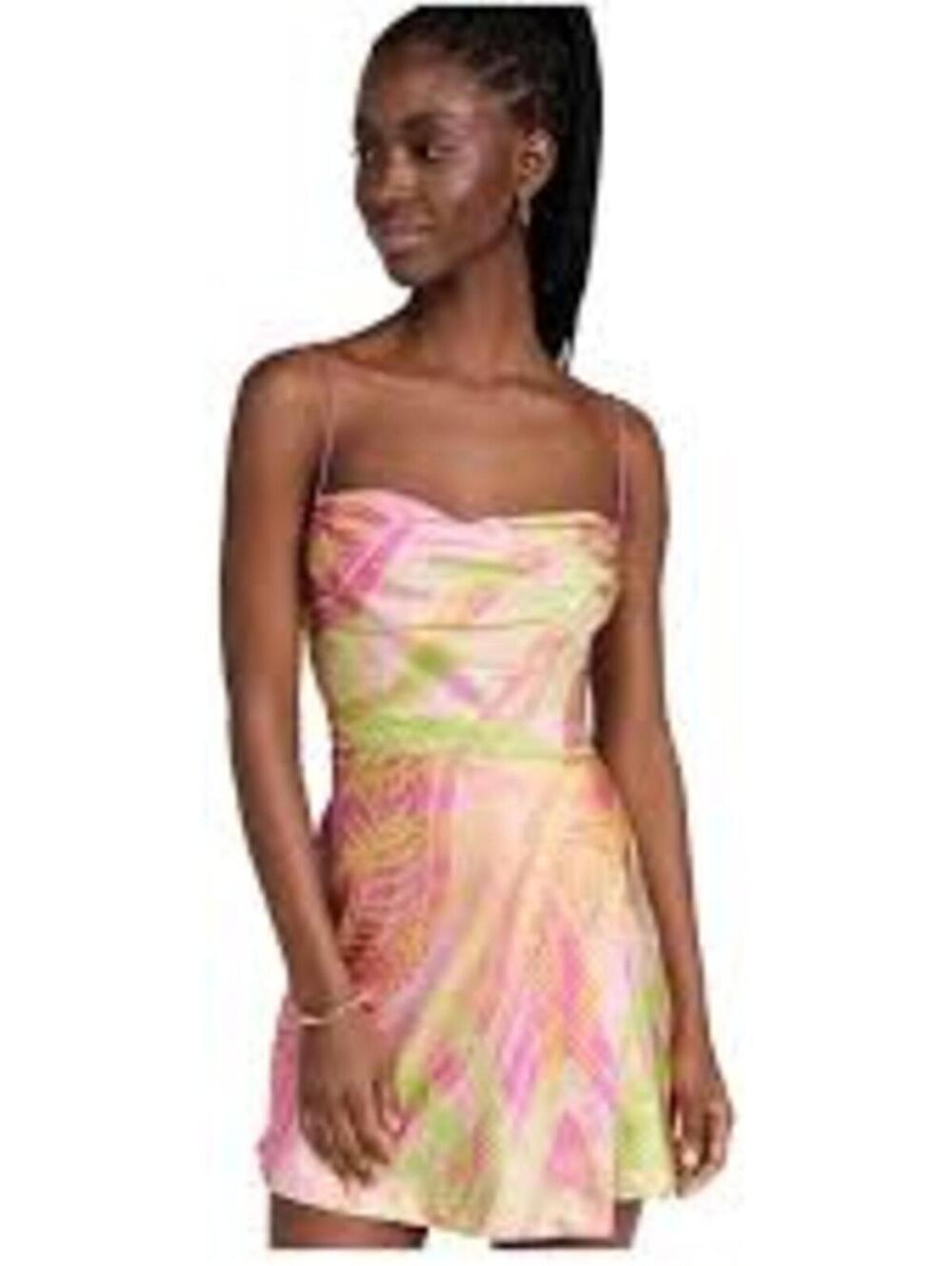 Retrofete Silk Ariella Tropical Print Spaghetti Strap Dress EUC
